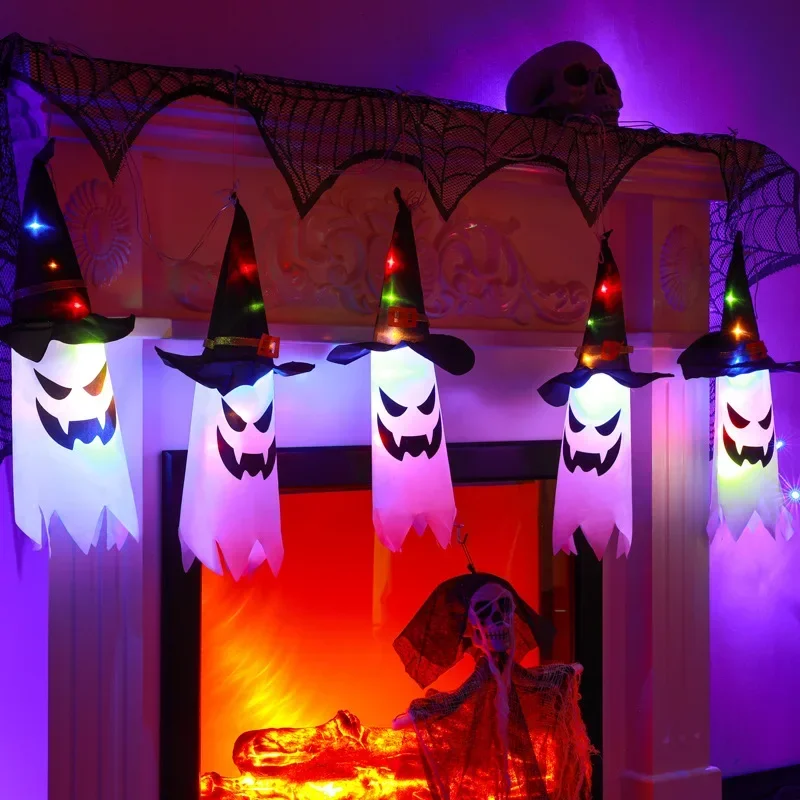 Lámpara LED de decoración de Halloween, linterna de calabaza, sombrero de mago, luz colgante, cadena de luces de fantasma, luz de ambiente de terror para Festival de fantasmas