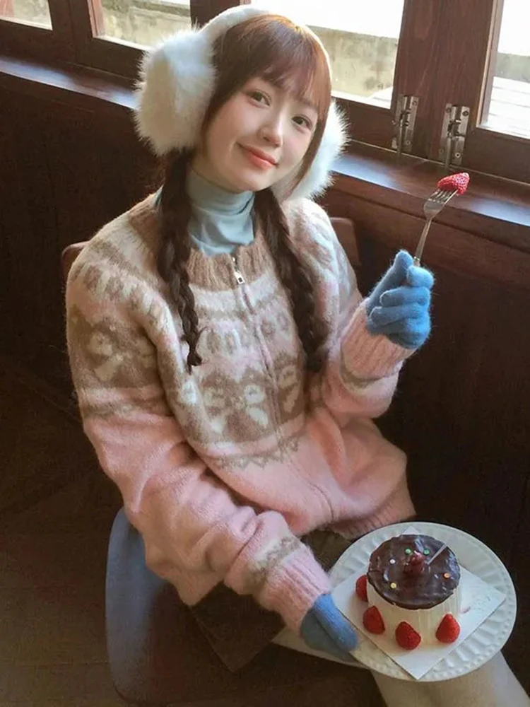 

Vintage Bows Print Knit Cardigan Women Sweet Long Sleeve Zipper Lazy Wind Sweater Kawaii Jacquard Loose Casual Pink Preppy Tops