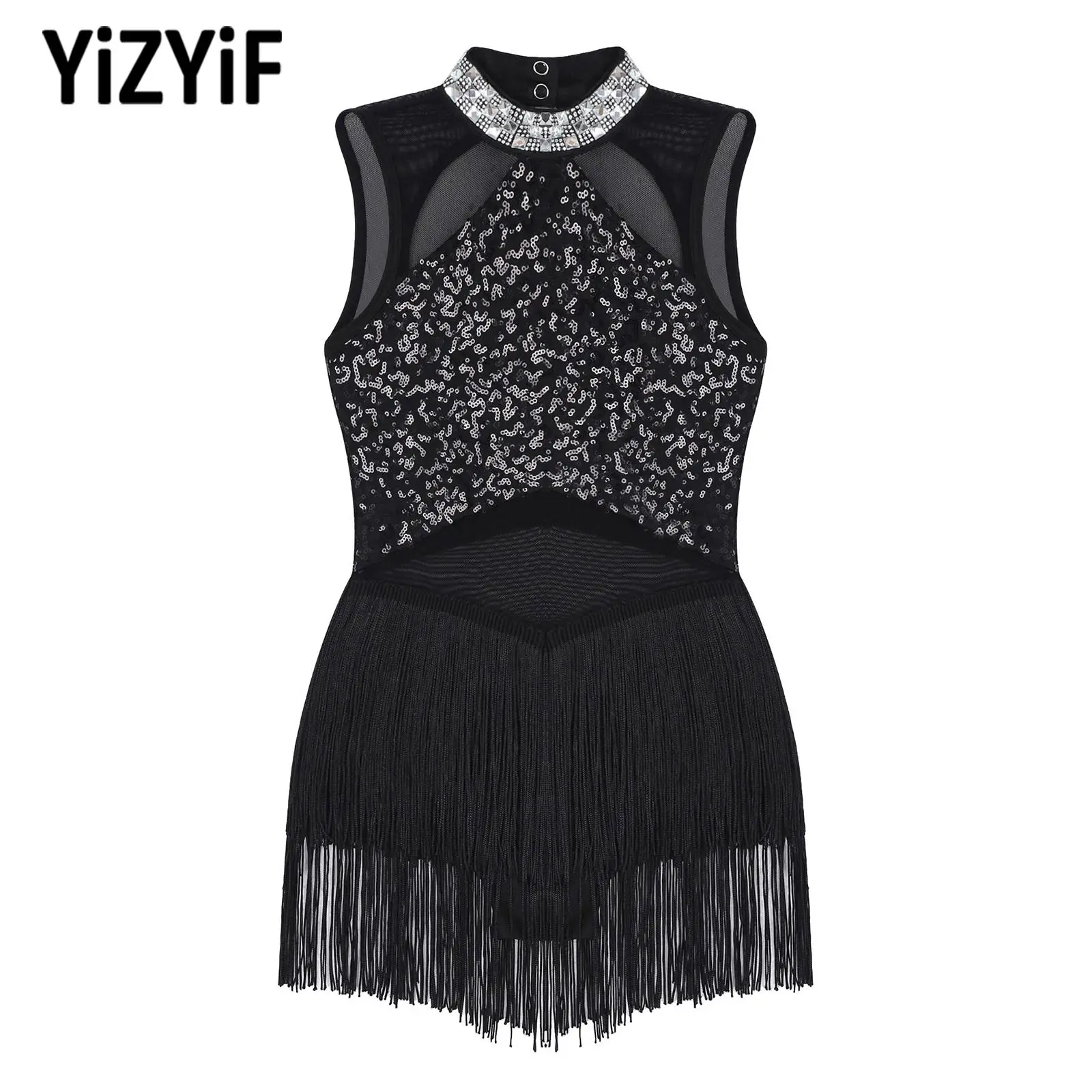 

Kids Shiny Rhinestone Jazz Dance Dress Decorated Collar Sequins Patchwork Mesh Tassel Hem Dance Leotards Girls Performance Dress