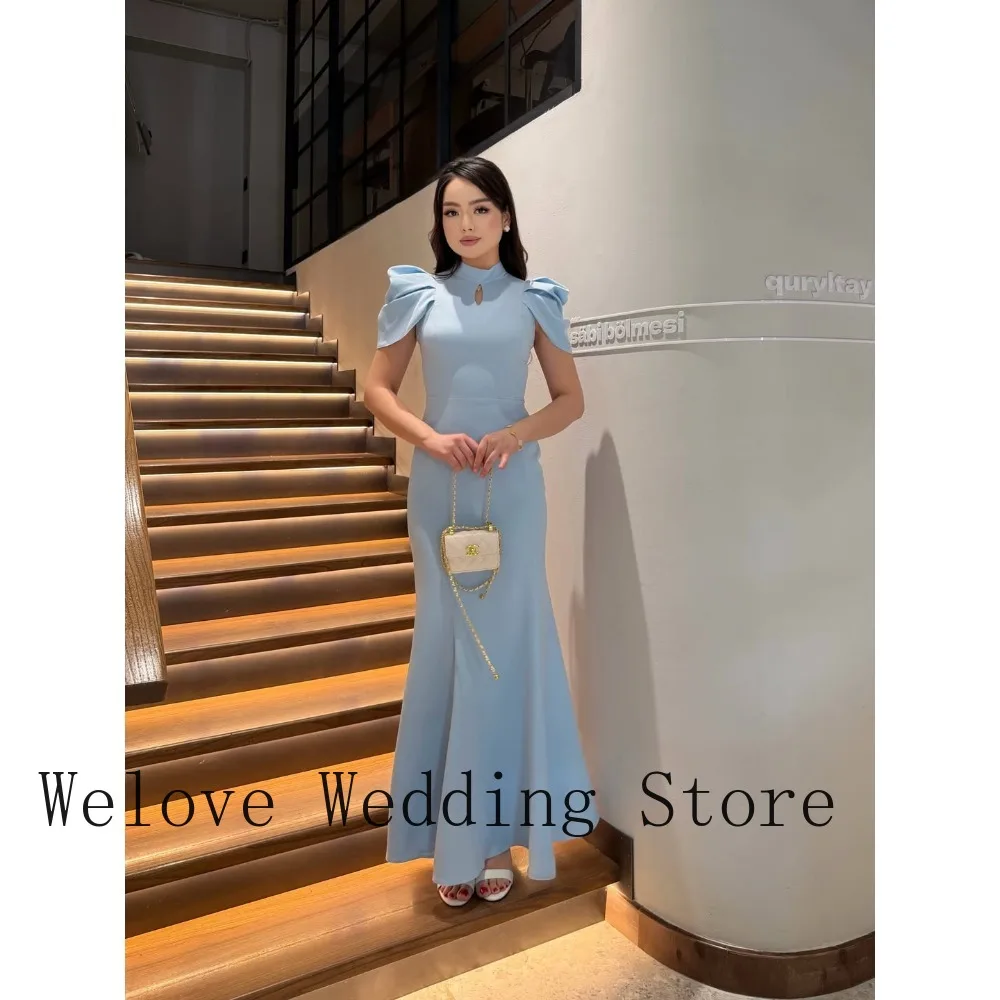 

Elegant Light Blue Mermaid Evening Gown Puff Sleeve High Neck Floor Length Formal Party Dress for Women Wedding Guest Prom