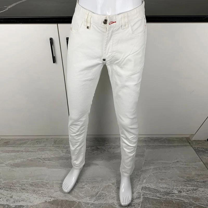 

Latest designer high street fashion new men's jeans elastic slim fit retro washed jeans hip-hop brand white cow pants Hombre