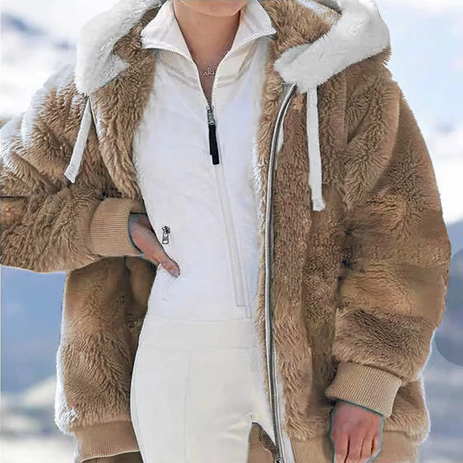 Winter Women Jackets Plush Casual Oversize Fleece Solid Color Hooded Zipper Fashion Cashmere Warm Ladies Coats 2024 New