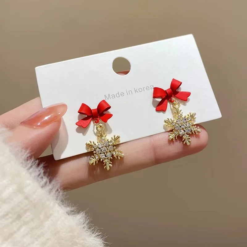 Cute Crystal Snowflake Drop Earrings for Women Party Sweet Jewelry Black Red Bow Knot Dangle Earrings Girls Sweet Accessories