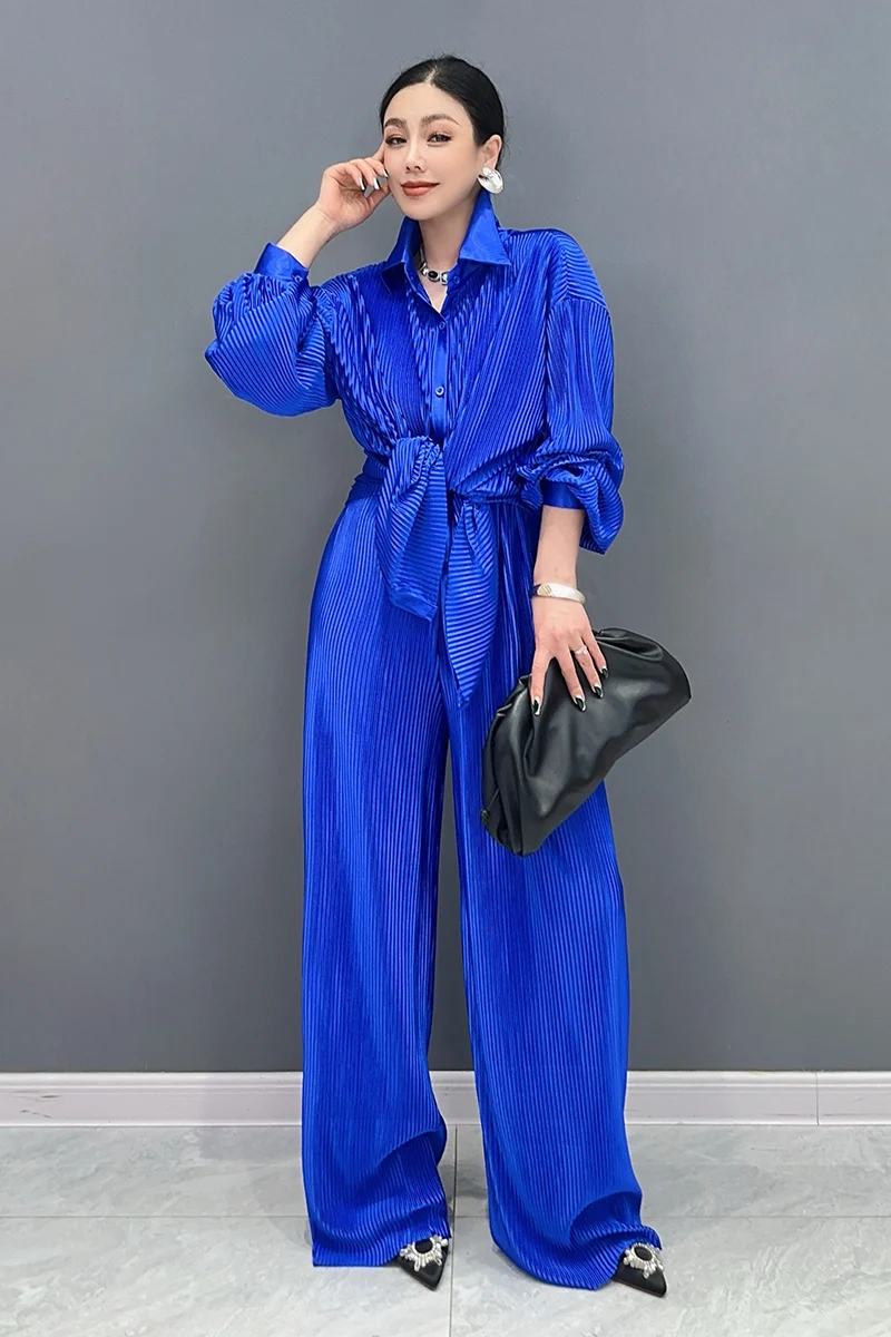 2024 Autumn New Elegant Loose Women Folds Set Long Sleeve Shirts Wide Leg Pants Fashion Two piece Set J398