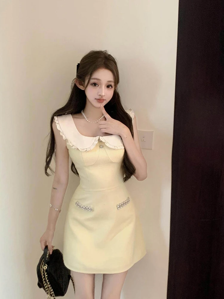 New Design Peter Pan Collar Elegant Solid One-Piece Sleeveless Off Shoulder Tie Party For Women A-line Dresses Office Lady