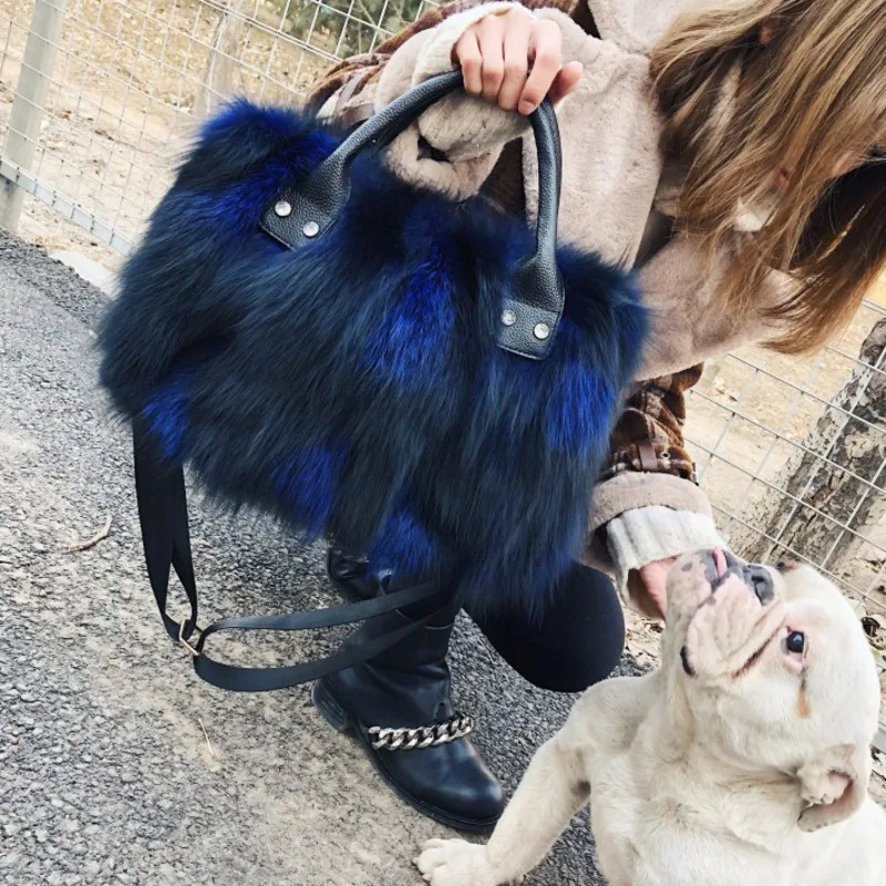 Fox Fur Bag Winter Women Fluffy Handbag Real Fur Bag Female Shoulder Crossbody Bag Evening Party Handbags Large Lady Clutch Bag