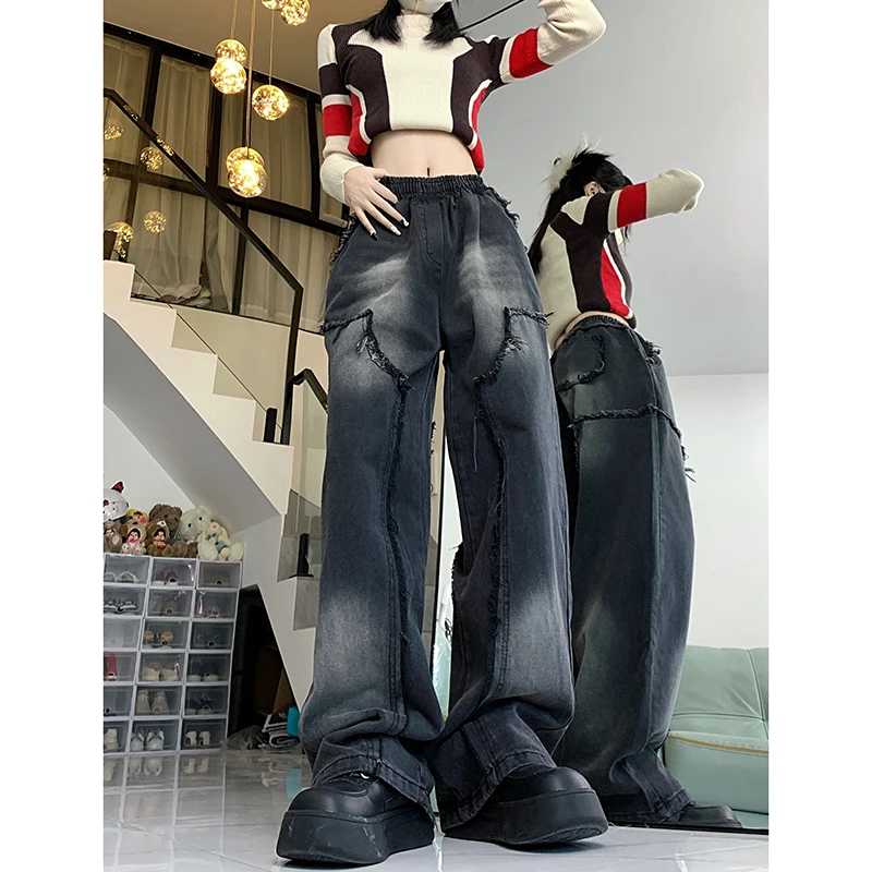 

WCFCX STUDIO Autumn High Waist Women Wide Leg Jeans American Retro Loose Slim High Street Straight Floor-Mopping Pants