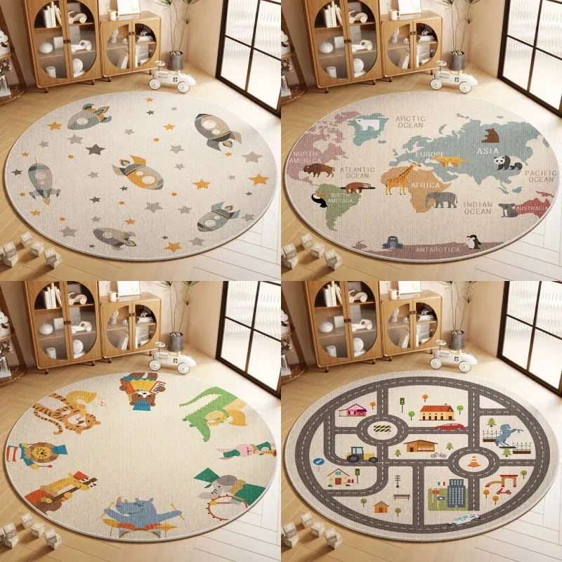 Map Animal Printing Large Area Round Rug Non-Slip Wear-resistant Circle Carpet for Living Room Bedroom Soft Floor Mat Home Decor