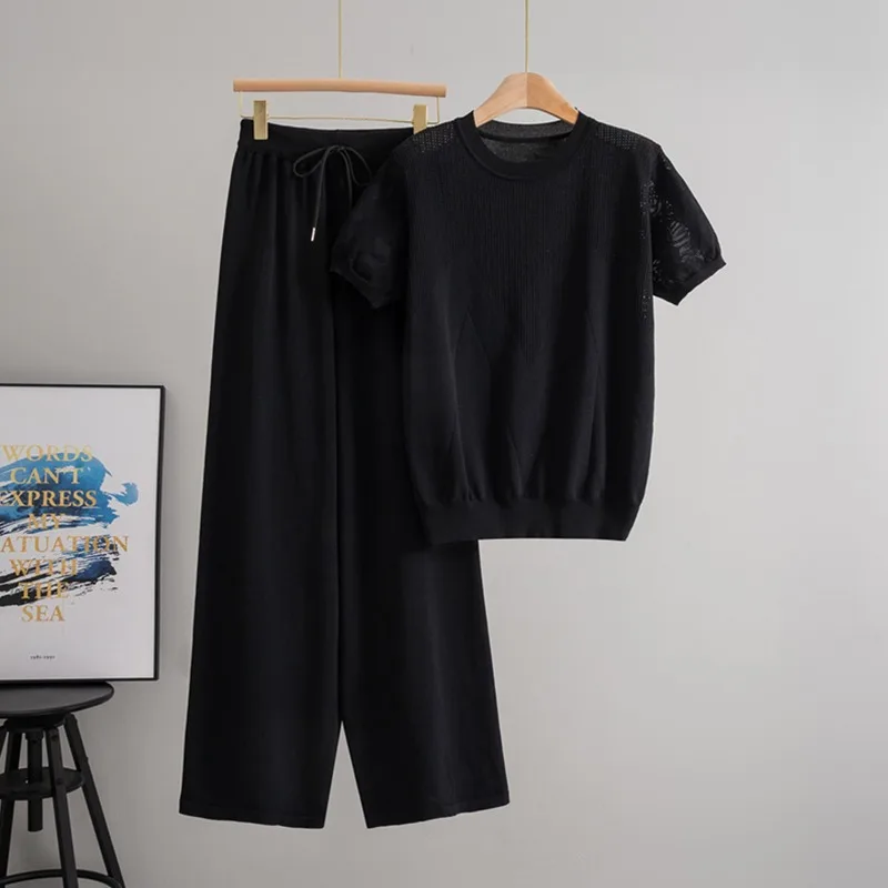

2025 Casual and Solid Color Hollow Short Sleeved Loose Tops T-Shirt+Lace Up Elastic Waist Wide Leg Pants Knit 2-Piece Set