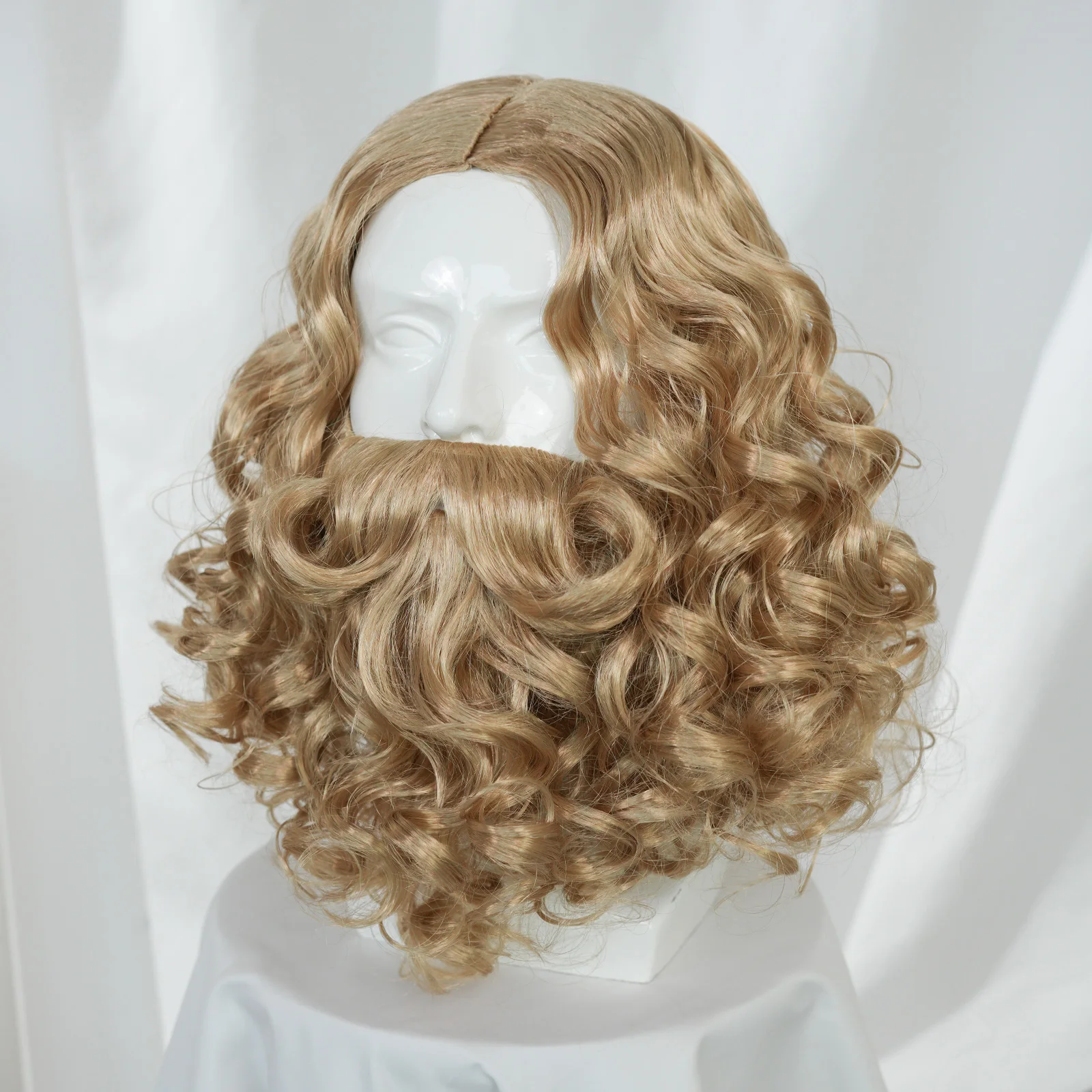 Syntetyczna peruka blond brązowa kręcona z brodą, idealna do cosplayu, peruka na Halloween dla mężczyzn, idealna dla Świętego Mikołaja, czarodzieja.