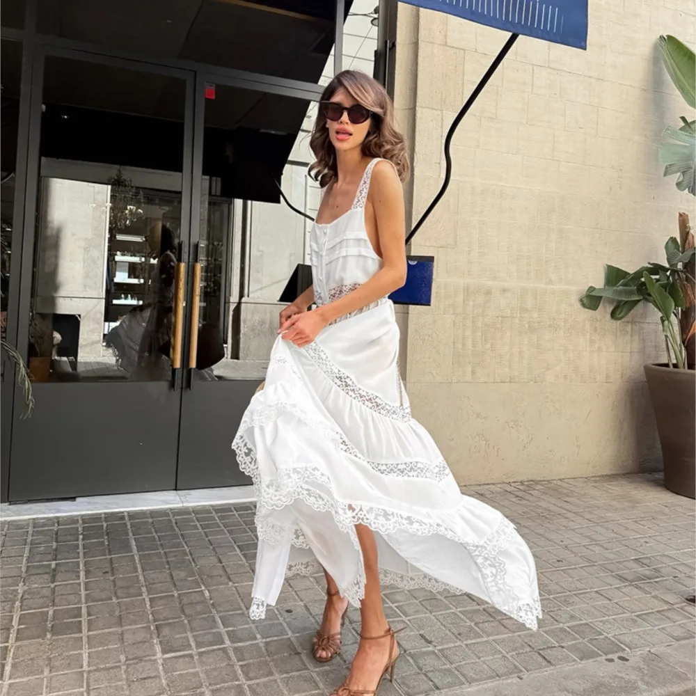 Picture 6: Dresses 2026 Woman Bohemian Lace A-line Dress Casual Evening Dress Vacation Solid Color See Through Lace Patchwork Sleeveless