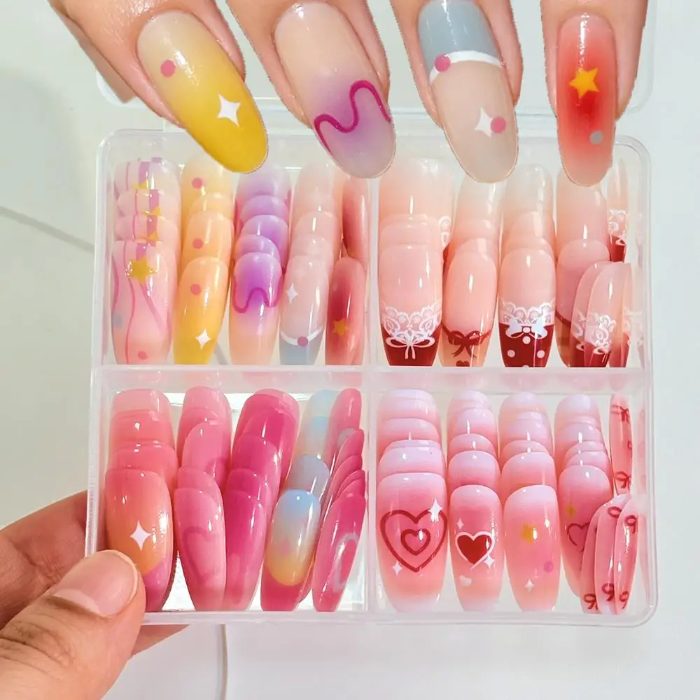 

120Pcs Dopamine Gradient Almond Press On Nails Heart Star Bow Dot French Fake Nailtip Sweet Girl Valentine's Day False Fingertip