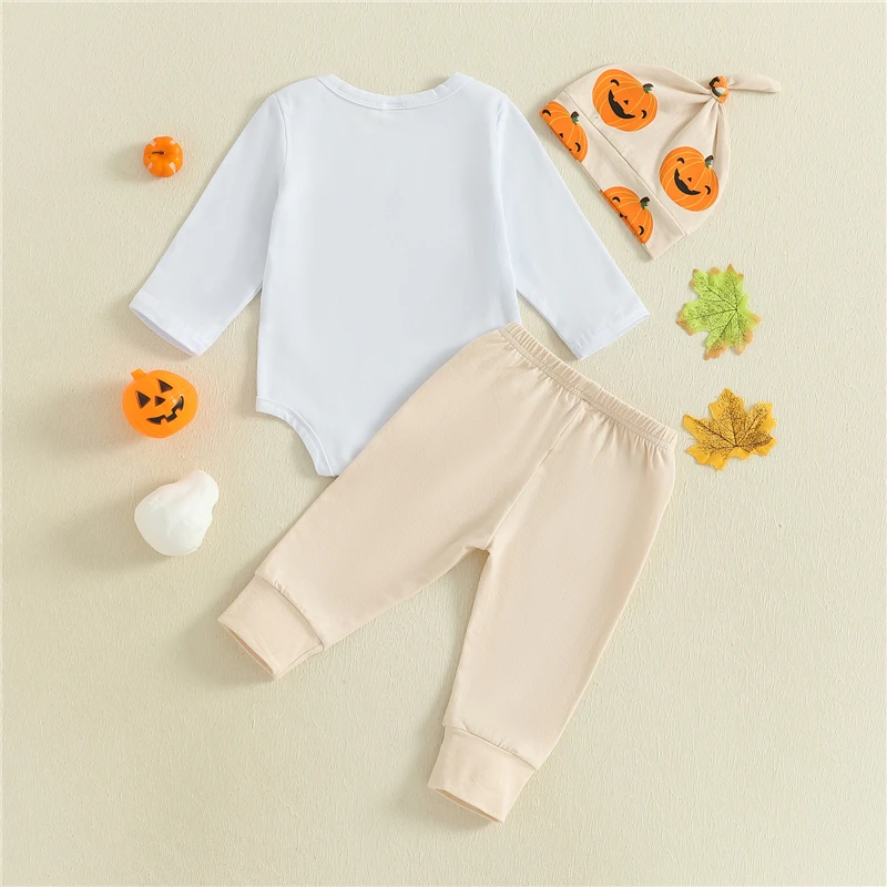 Newborn Baby Boy Halloween Outfit Loose Fit Pumpkin Crew Neck Long Sleeve Romper Pants and Cap 3 Pcs Set for Fall