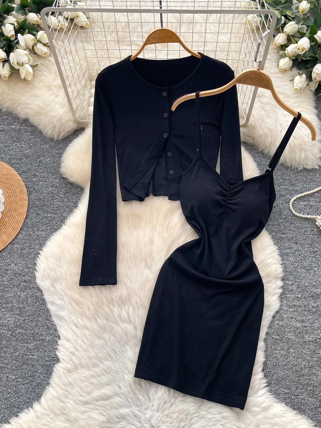 Slim Fit Knitted Open Cardigan And Dress Set Women's Fashion Autumn Wear High Waist Straight Cut Long Sleeve Casual Work Outfit