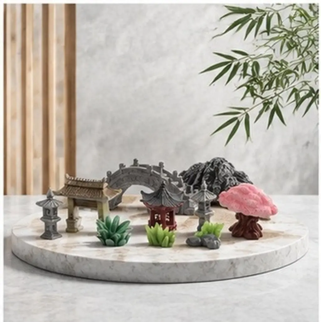 1Set Miniature Zen Garden Stone Pagoda Rockery Bridge Pavilion Chinese Style Decoration for Terrarium Bonsai Fairy Garden