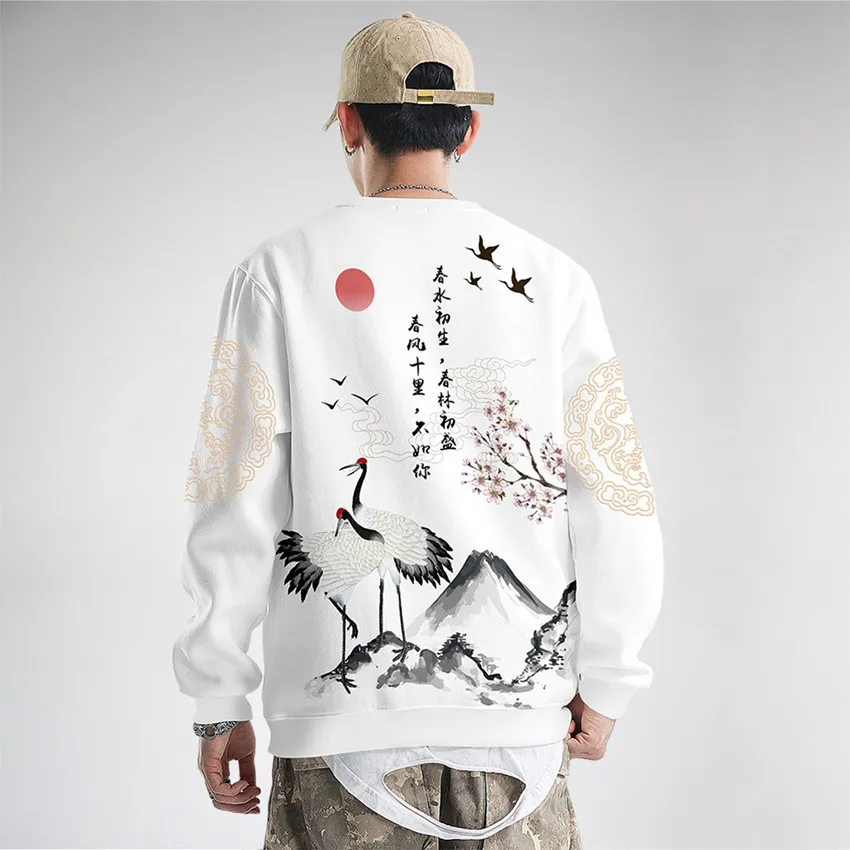 

Harajuku Crane Print Hoodie Sweatshirt Autumn Japanese Casual Oversized Sweatshirts Hip Hop Pullover Women Men Clothing