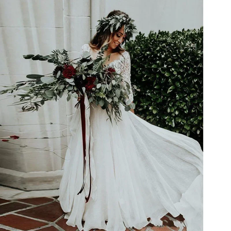 Customized Wedding Dresses 3/4 Long Sleeve A Line White Ivory Chiffon Lace Princess Beach Bride Two Pieces Evening Gown for Wome