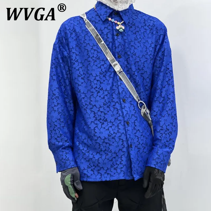

WVGA весна осень новый мужской прилив High Street кружевной жаккардовый модный отложной воротник рубашки с длинными рукавами нишевый шикарный повседневный топ W9539