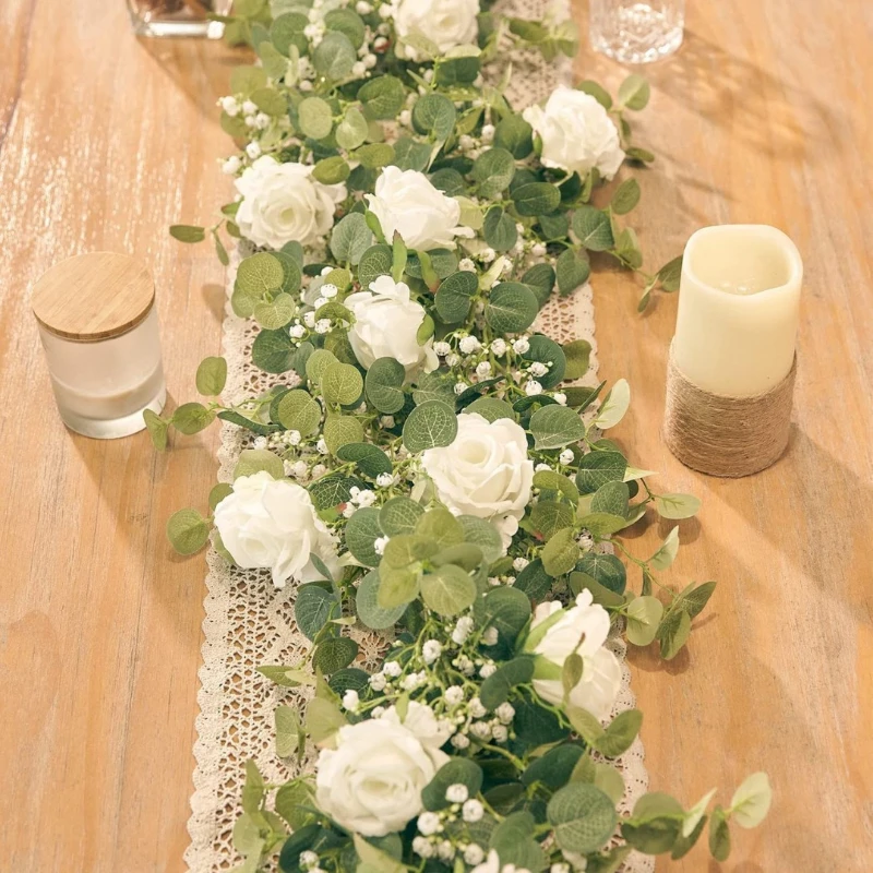 1pc 5.9FT Artificial Eucalyptus Vine Fake Rose Flowers Gypsophila Garland For Wedding Home Party Craft Art Table Runner Decor