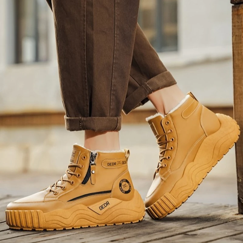 

Thick-soled Fleece Large-sized Men's Outdoor Leather Solid Color Flat Anti-slip High-quality Snow Boots for Autumn and Winter