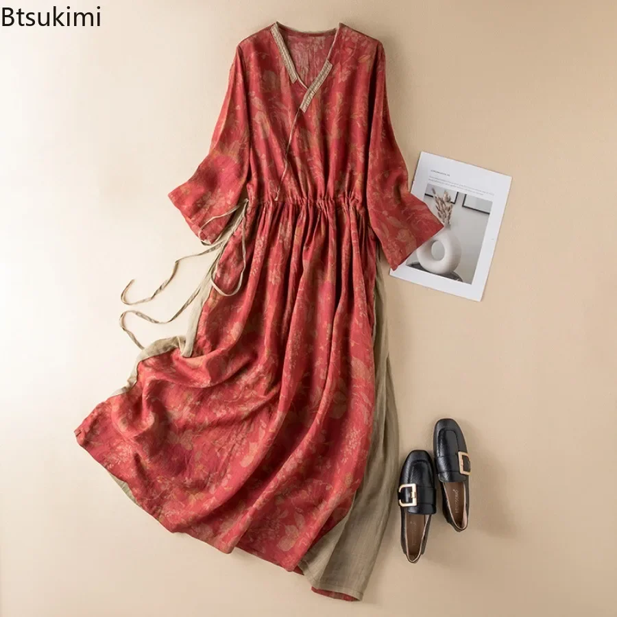 2024 New Women\'s Cotton Linen Dress Fashion V-neck Floral Print Vintage Lace-up A-Line Long Dresses Females Kimono Robe Vestidos