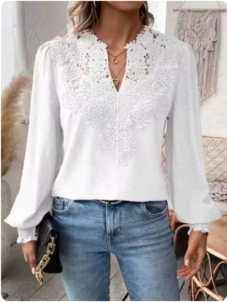 Lace V-neck Long Sleeved Solid Color Jacquard Blouse Women's Sexy T-shirt Elegant Autumn Top