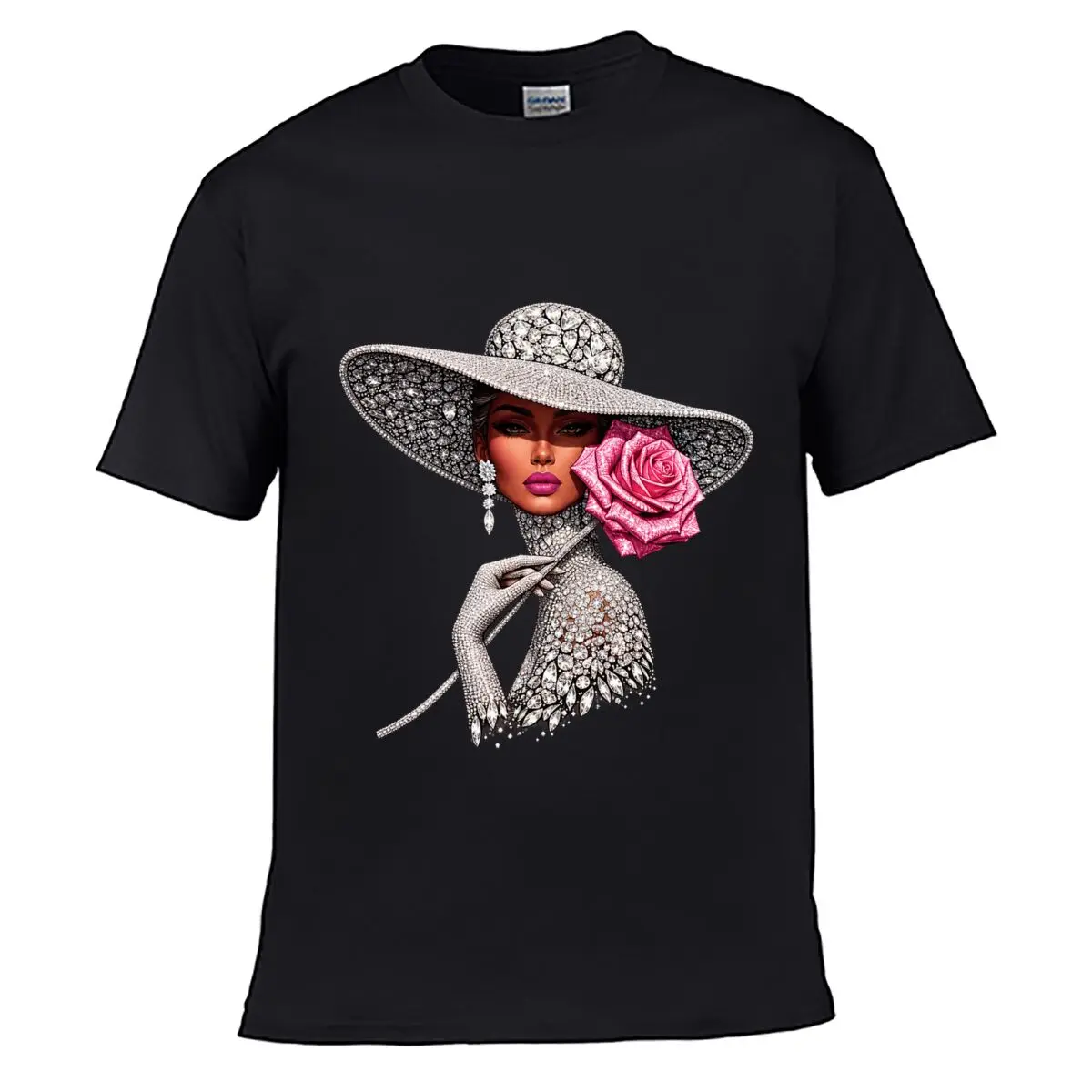 Elegant Diamond Glamorous Woman Pink Rose Portrait Solid Washed Vintage Tee Distressed Loose