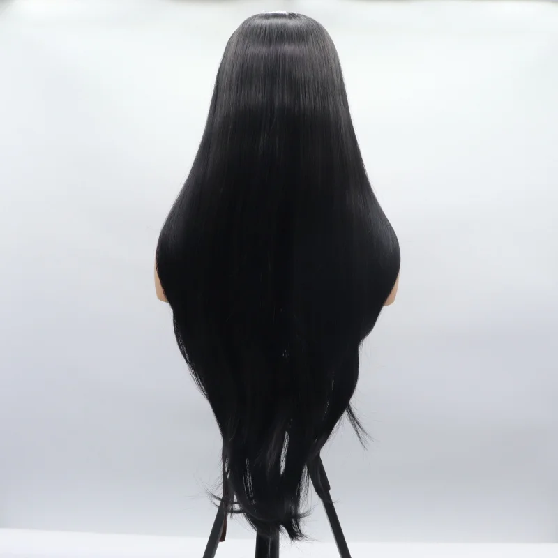 Hand-crafted lace front wig for women, black layered long curly hair, full synthetic matte finish