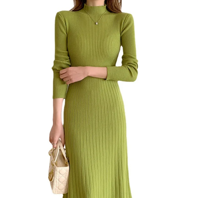 Sweater Dress Women Long Dresses Knitted Mock Neck High Waist A Line Solid Casual Autumn Winter Knit Vestidos Elegant Y2k Tops