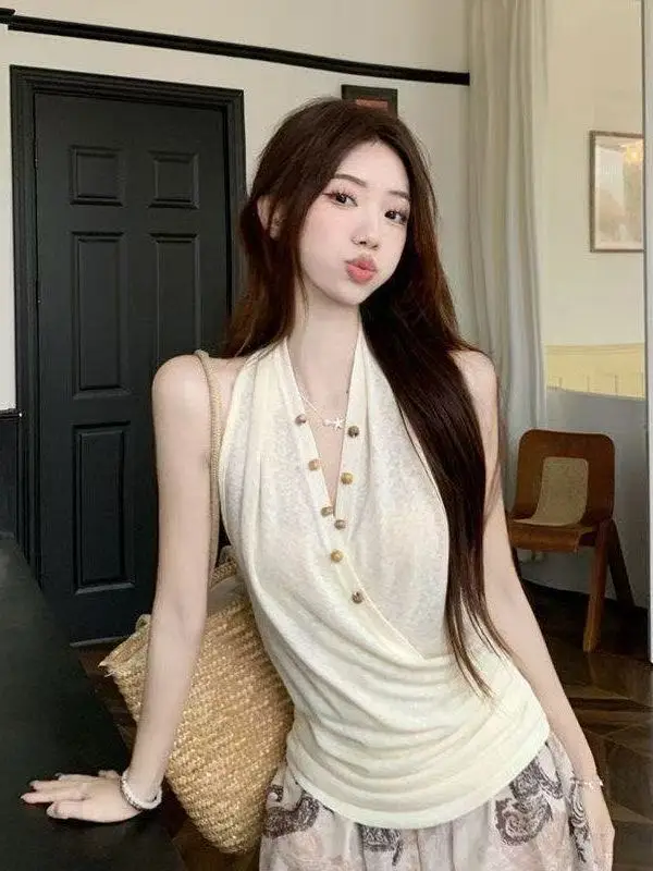 Korean Style Pure Desire Fashion Design Cross Backless Vest Women's Summer New High-End Versatile Top Breathable V-neck Butto...