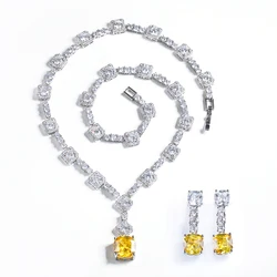 Super Shiny Big Square Yellow Cubic Zirconia Stone Wedding Bridal Necklace Earrings Party Costume Jewelry Sets for Women T0726