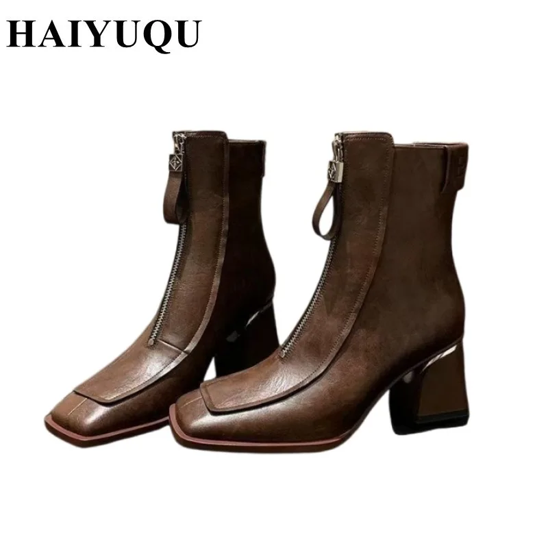 Bottes en Cuir à Talons Hauts et Fermeture Éclair pour Femme, Chaussures de Marque de Luxe de Styliste, Nouvelle Collection Hiver 2025