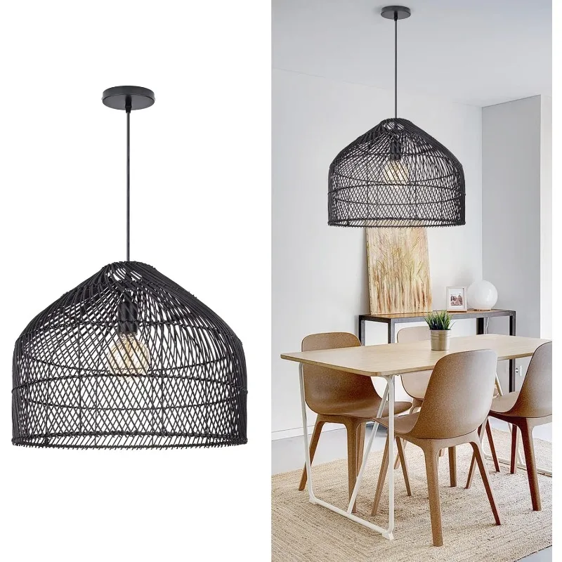 Black Rattan Pendant Lights Lampshade, Wicker Hanging Light Fixture Chandelier for Kitchen Island Dining Room Entryway Hallway