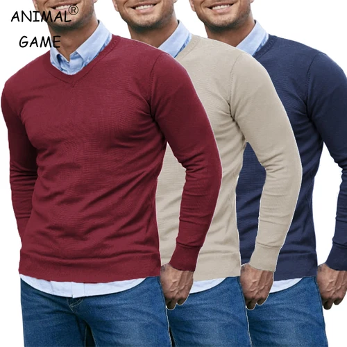 Suéter con cuello en V para hombre, Jersey de punto, informal, suave, ligero, vestido de manga larga, suéter de otoño, suéteres ajustados transpirables