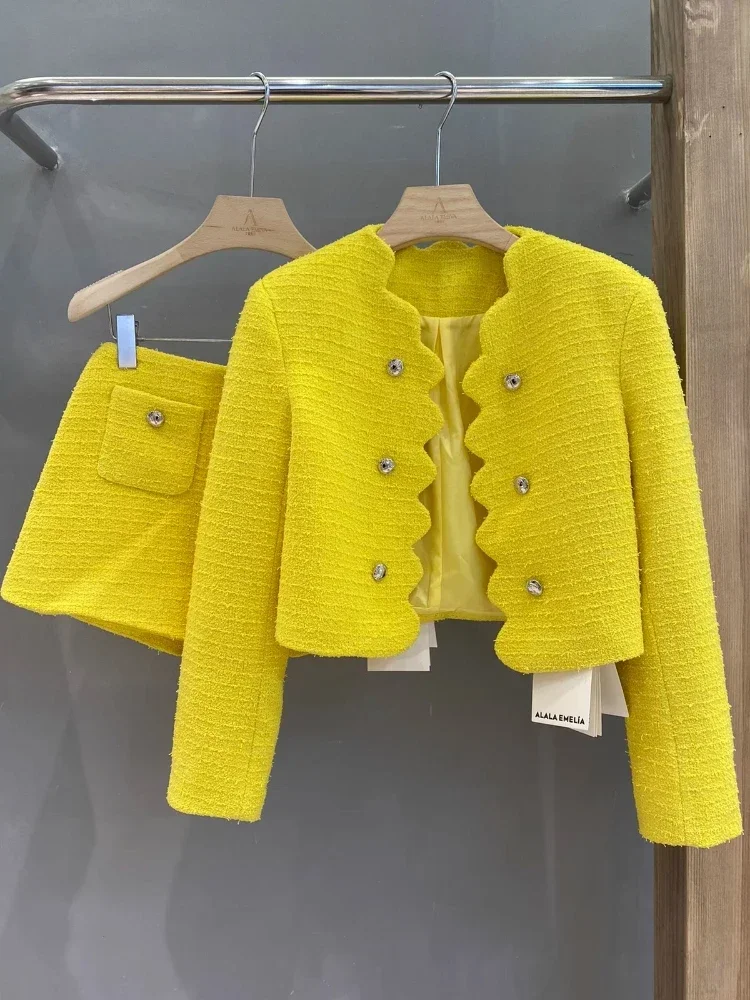 Elegant Tweed Lemon Yellow Suit Fall/Winter New French Commuter Wave Edge Short Coat+High Waist Shorts Slim 2-Piece Sets Women