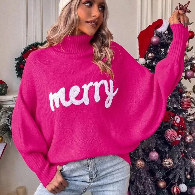 Christmas Knitted Sweater for Women 2025 New Turtleneck Bat Sleeve Loose Pullover Red Merry Letter Embroidered High Neck Sweater