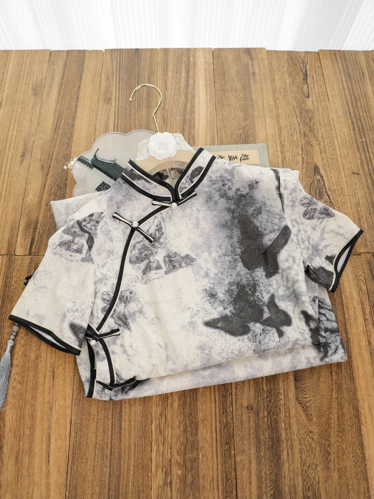 

Ele Bla Silk Tussah Satin Retro Chinese Sle Breathable Summer New Arrival Daily Wear Low Slit ort Sve