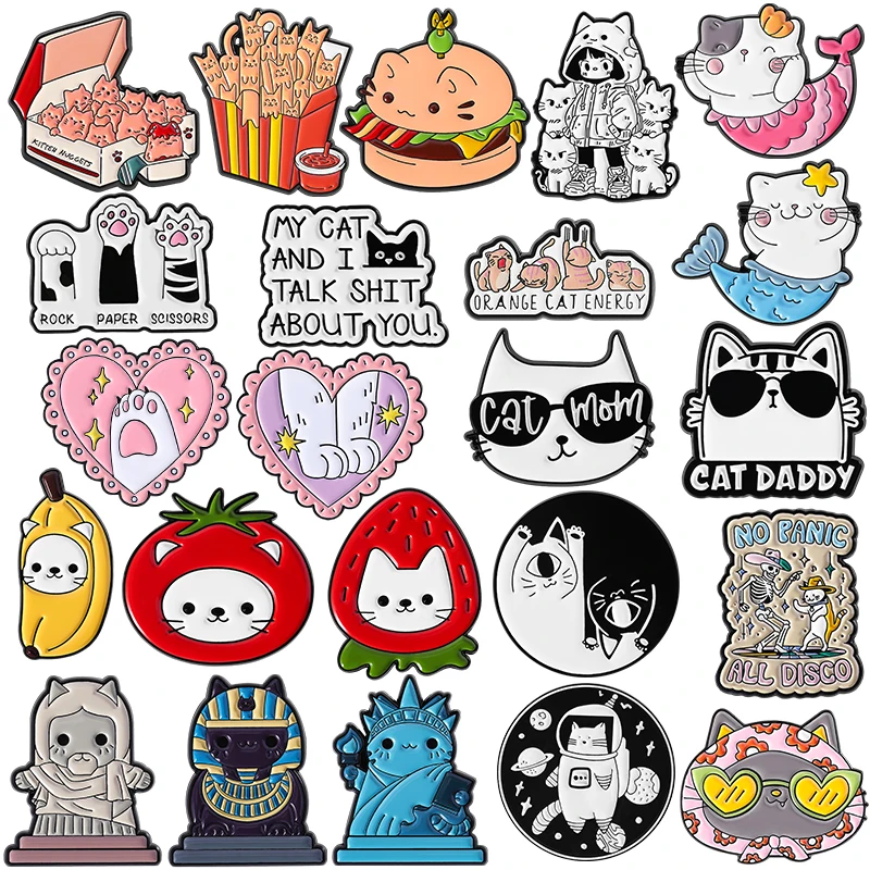 Alfileres esmaltados de frutas y gatos, pepitas de vaquero de sirena con huella de pata, broches de hamburguesa Taichi, insignias de solapa, joyería de animales, regalo para amigos