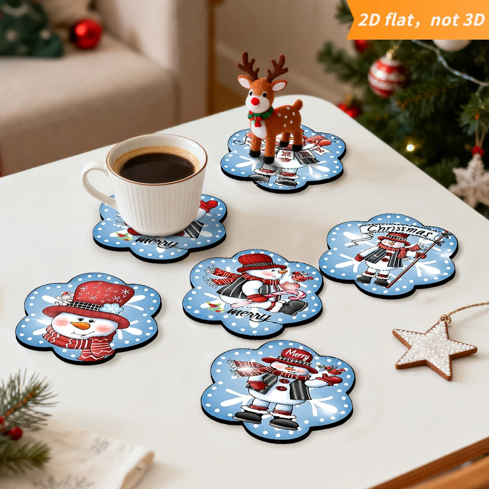 6pcs Wood 2D Christmas Snowman Coasters Merry Christmas Drink Coasters Suitable Hot Mugs Holiday Table Setting Gift Home Parties