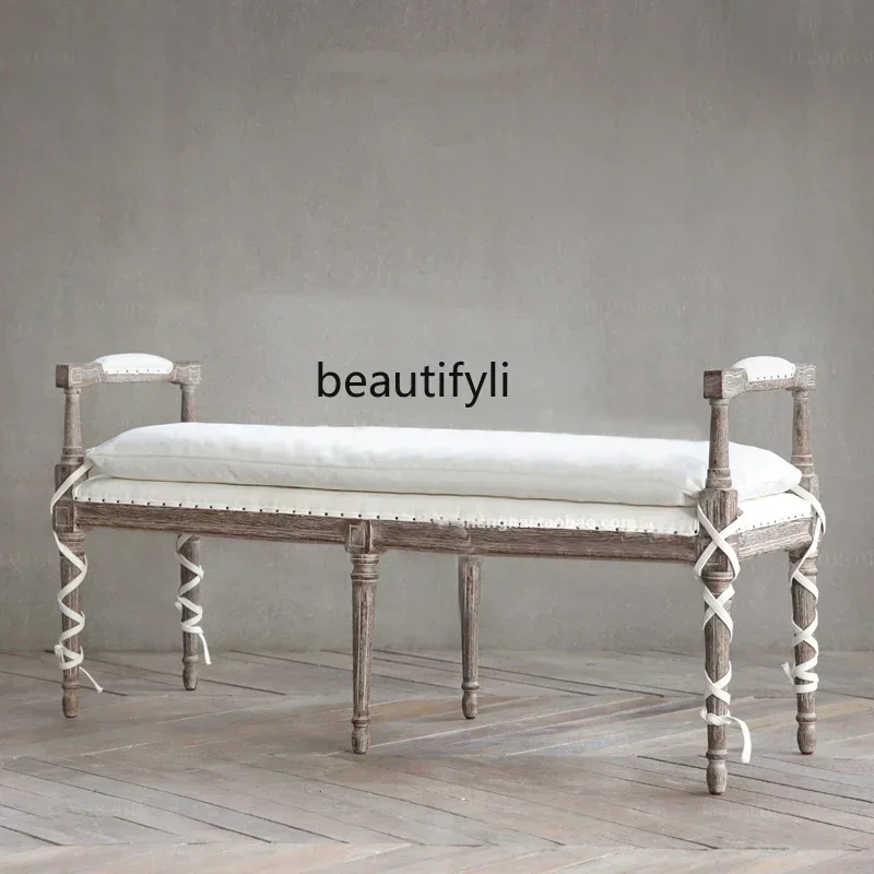 SS ss7486 French solid wood retro old bedside stool American villa luxury leisure bench fabric sofa pedal