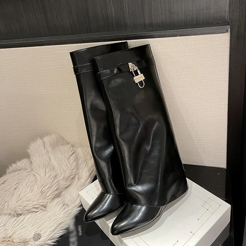 

Модные женские высокие сапоги с острым носком, женские туфли без шнуровки на танкетке с металлическими украшениями и пряжкой, Mujer, вечерние, роскошный дизайн, Botas