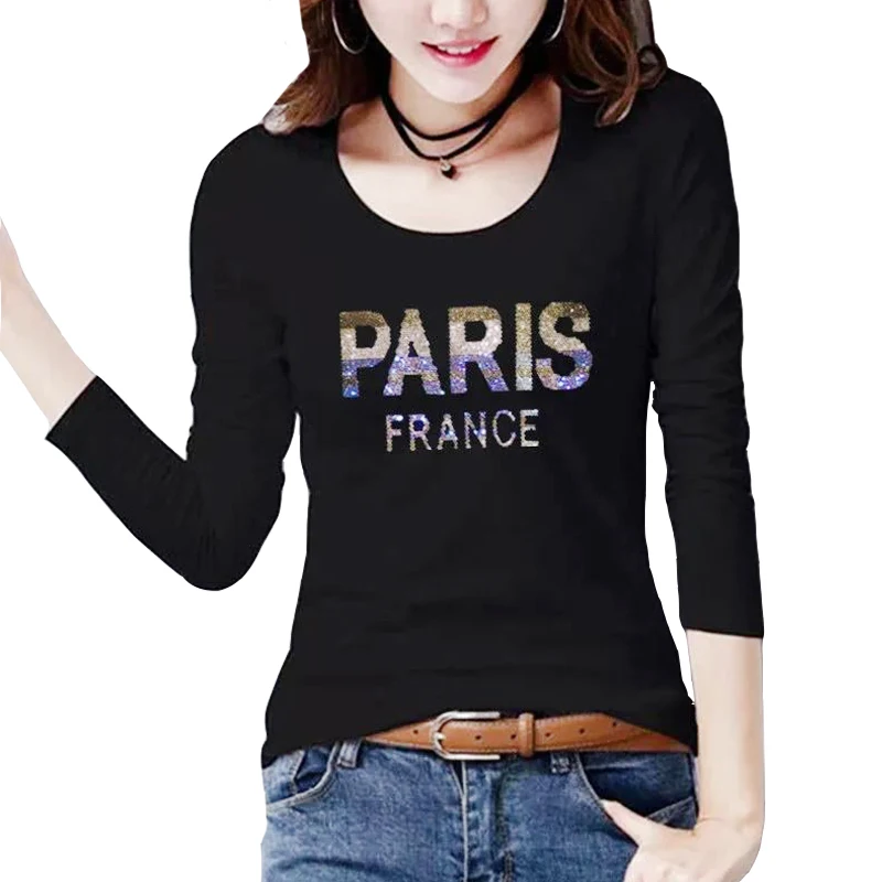 Young Slim Waist Lady Tops Cotton Long-sleeve T-shirt Spring Autumn Sweatshirts Women Thin Casual Letter Paris France Diamond