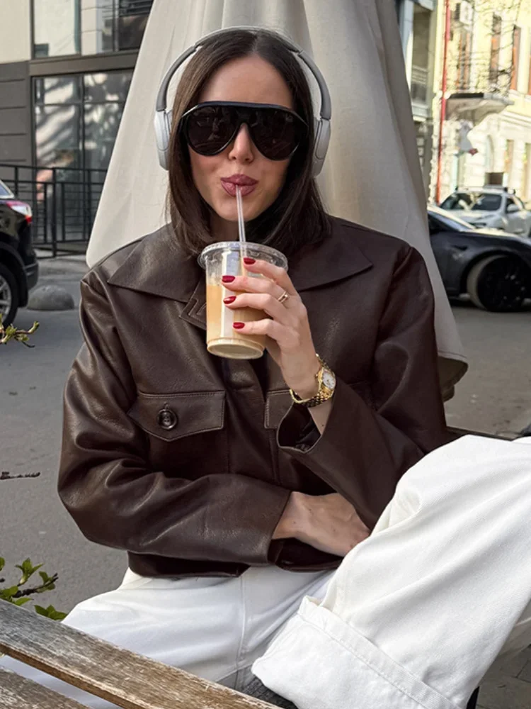 Single Breasted Cropped Brown Leather Jacket Women Casual Full Sleeve Lapel Pocket Short Coat Autumn Lady Commuting Streetwear