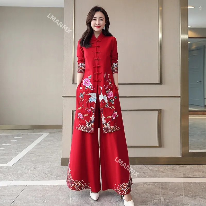 2 Piece Set for Women Party Chinease National Style Printed Tang Suit Wide Leg Pants Set Floral Cheongsam Trousers