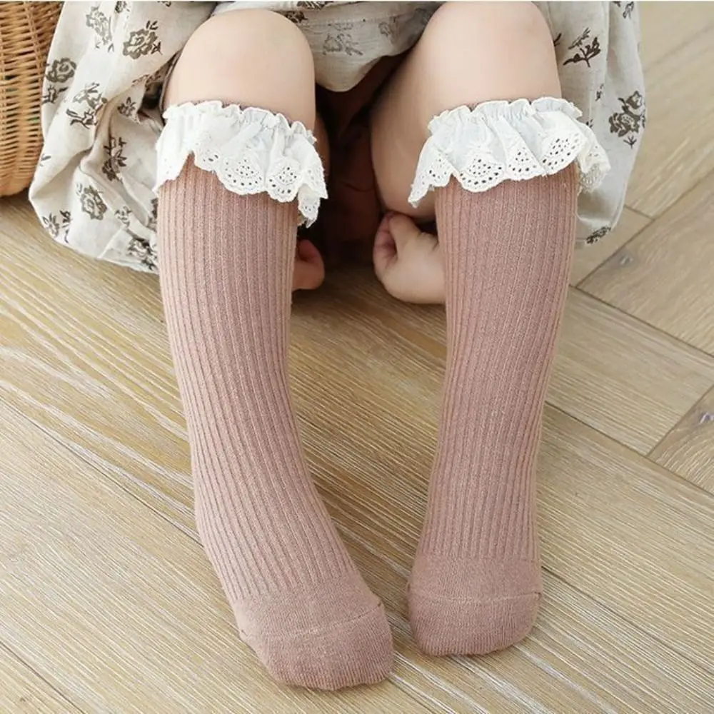 

5Pairs Ruffled Edge Baby Calf Socks Baby Long Tube Lace Trim Infant Cotton Stockings Toddle Cotton Cartoon Above Knee Socks