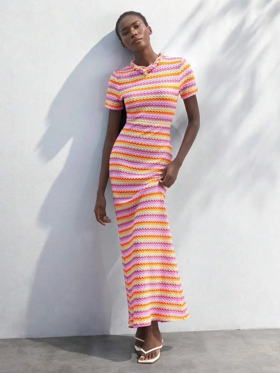 

Women Multicolor Wavy Striped Knit Summer Dress Casual Fitted Pullover Round Neck Short Sleeve Beach Bohemian Style