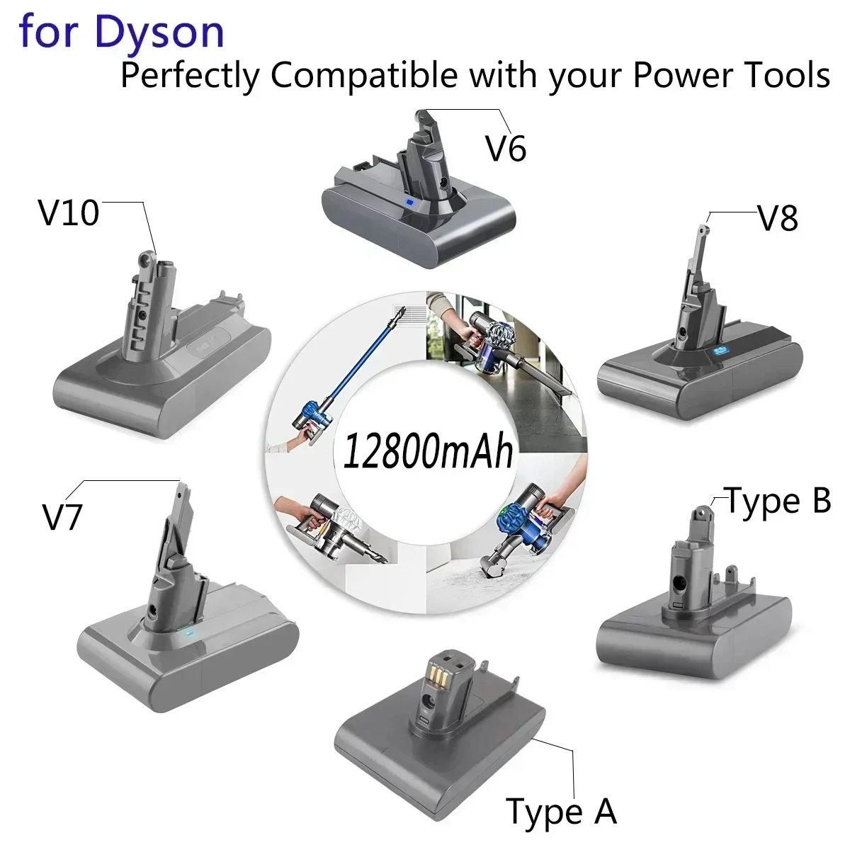 

SU For Dyson V6 V7 V8 V10 Type A/B 12800mAh Replacement Battery for Dyson Absolute Cord-Free Vacuum Handheld Vacuum Cleaner