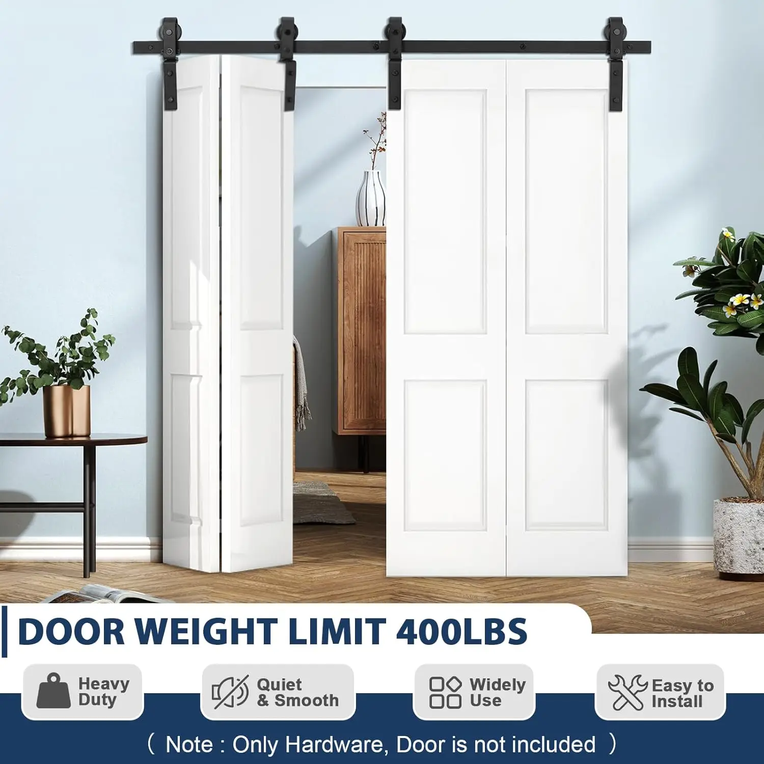 طقم أجهزة باب الحظيرة المنزلق ثنائي الطي مقاس 72 بوصة، أجهزة باب ثنائية الطي مثبتة على الجانب باللون الأسود لـ 4 أبواب (الباب غير متضمن)