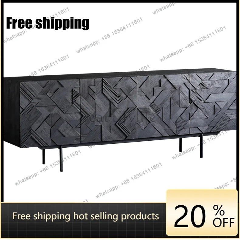 PJ Nordic medieval industrial style dining side cabinet light luxury living room solid wood carving flower decorative cabinet