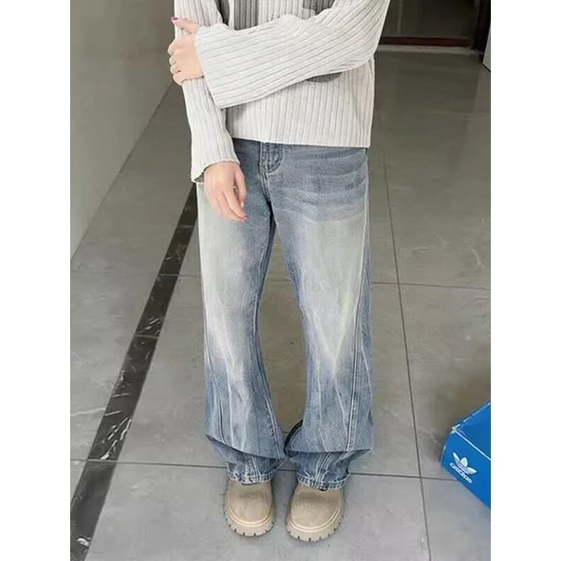 

Retro American Washed Gradient Blue White Denim Jeans Loose Wide Leg Casual Long Trousers for Men And Women Trendy